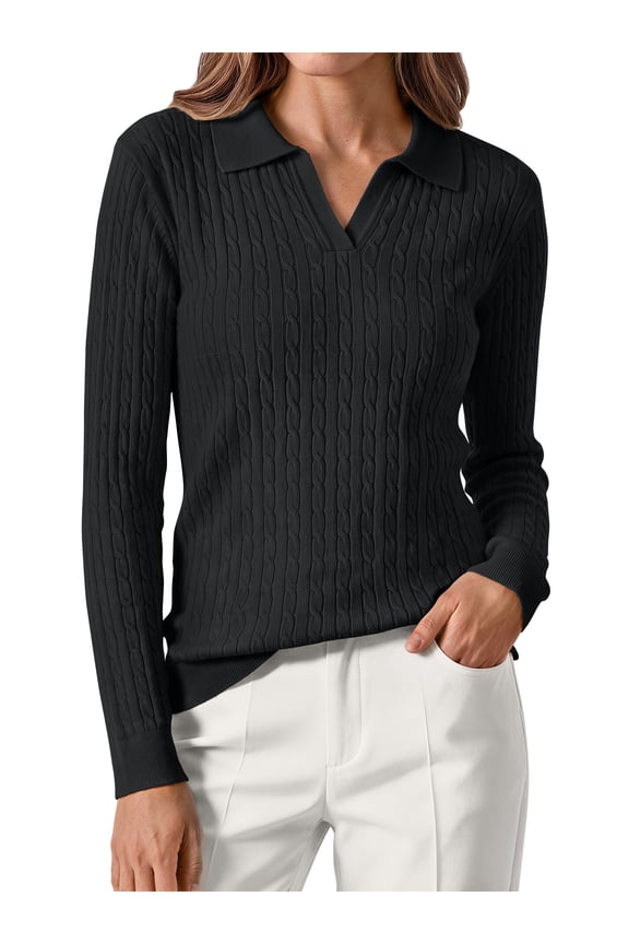 Womens Cable Knit Sweaters Long Sleeve V Neck Pullover Fall Winter Sweater Tops Casual Polo Shirts