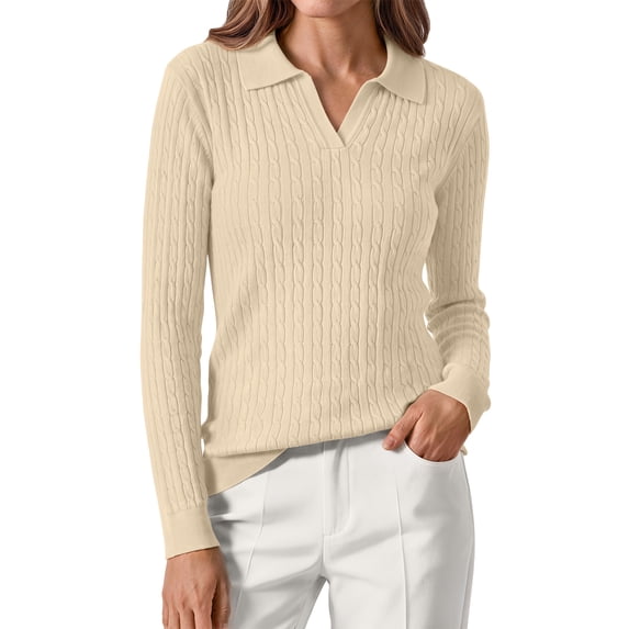 Sundazz Womens Cable Knit Sweaters Long Sleeve V Neck Pullover Fall Winter Sweater Tops Casual Polo Shirts