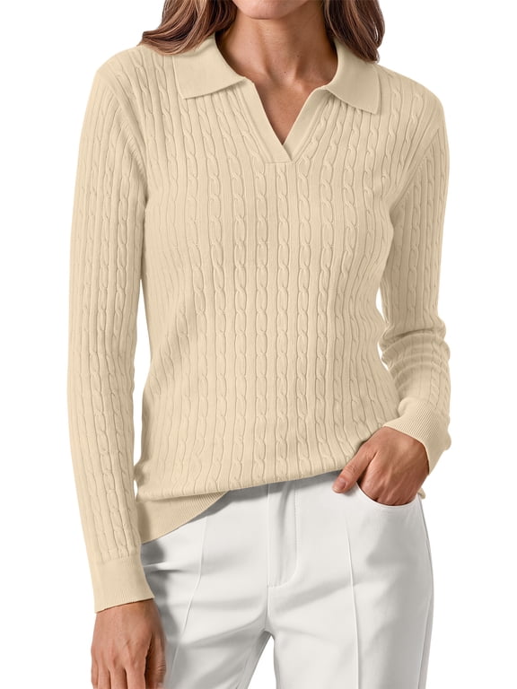 Womens Cable Knit Sweaters Long Sleeve V Neck Pullover Fall Winter Sweater Tops Casual Polo Shirts