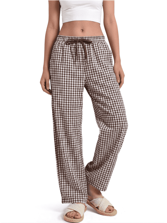 Womens Gingham Pants Cotton Wide Leg Lounge Pants Cute Pajama Pants Comfy Casual Pants,Brown,L