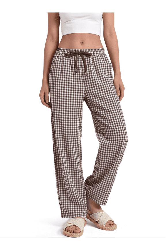 Womens Gingham Pants Cotton Wide Leg Lounge Pants Cute Pajama Pants Comfy Casual Pants,Brown,M