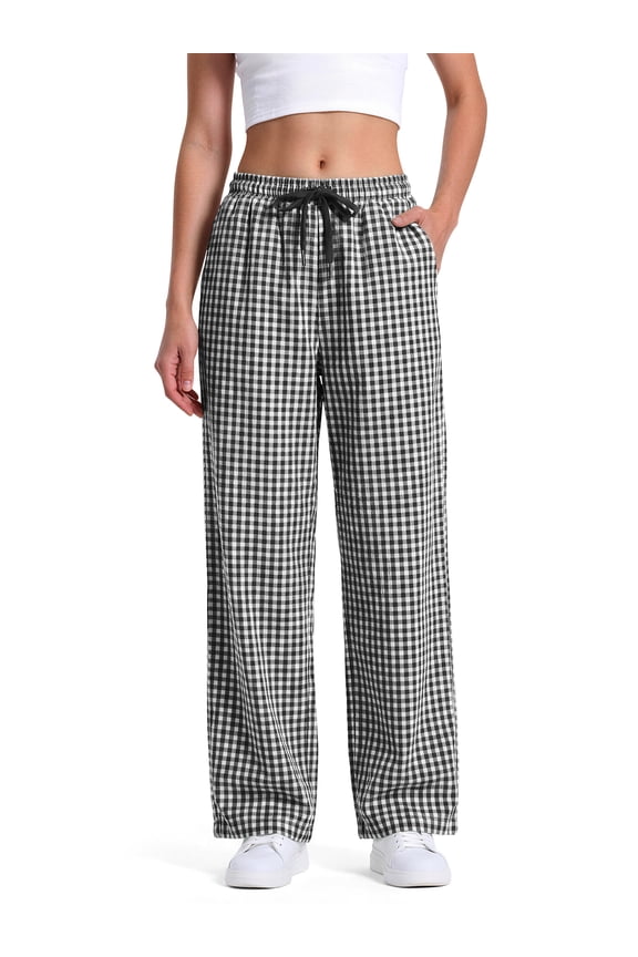 Womens Wide Leg Pants Cute Gingham Pants Comfy Drawstring Lounge Pants with Pockets,Black,M