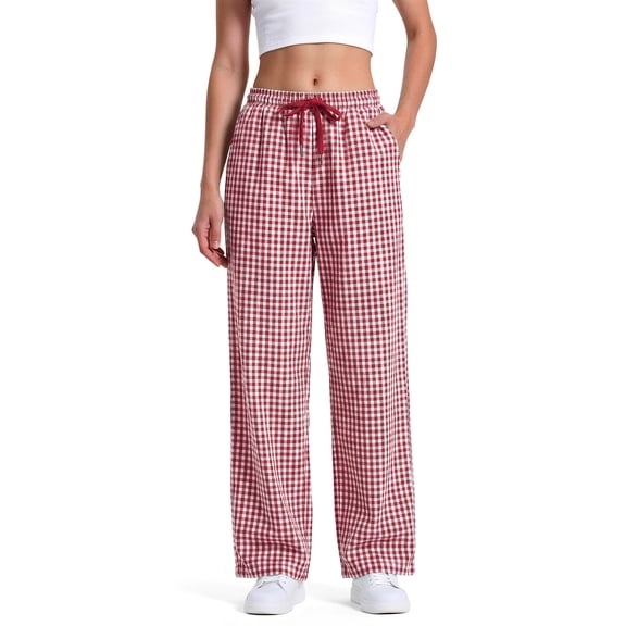 Sundazz Womens Wide Leg Pants Cute Gingham Pants Comfy Drawstring Lounge Pants with Pockets,Red,M
