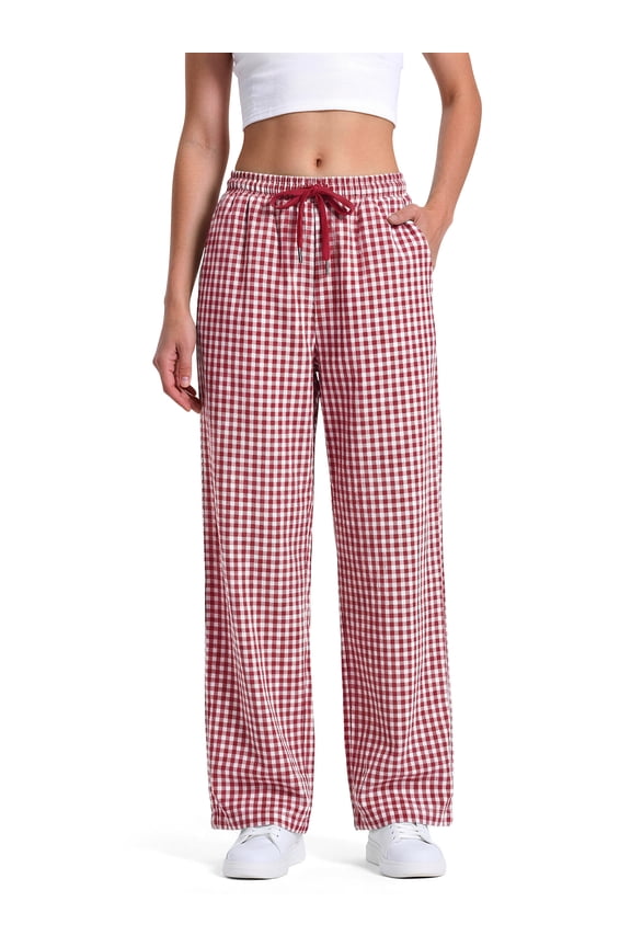 Womens Wide Leg Pants Cute Gingham Pants Comfy Drawstring Lounge Pants with Pockets,Red,M