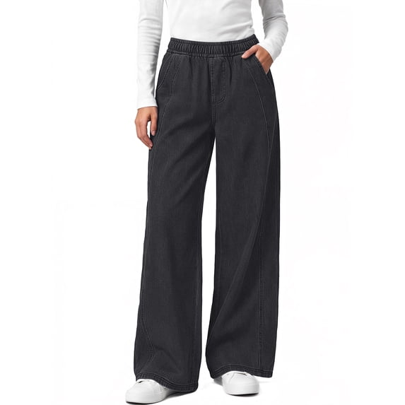 Sundazz Women's Stretchy Wide Leg Jeans Elastic Waist Knit Denim Pants with Seamed Front
