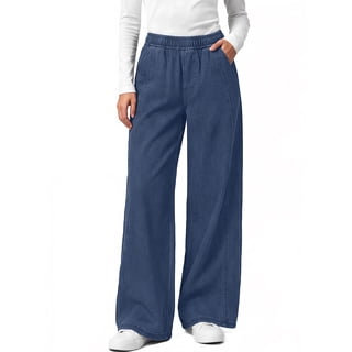 Sundazz Women's Stretchy Wide Leg Jeans Elastic Waist Knit Denim Pants with Seamed Front
