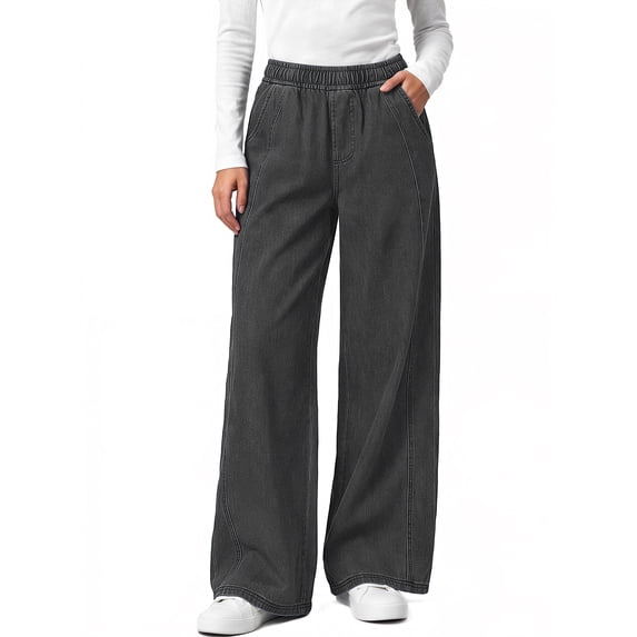 Sundazz Women's Stretchy Wide Leg Jeans Elastic Waist Knit Denim Pants with Seamed Front