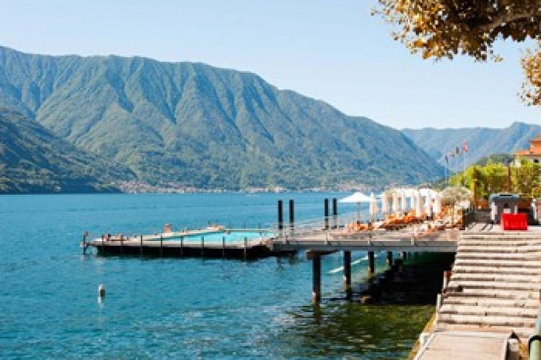 Sundeck and floating pool at Grand Hotel Tremezzo Lake Como Lombardy Italy Canvas Art - Panoramic Images (36 x 24)