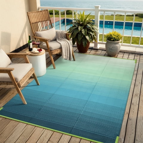 SUNDEREY Outdoor Rug 5'x8', Waterproof Reversible Plastic Straw Mat for Patio, RV & Camping - Lightweight Carpet for Deck, Balcony & Backyard, Teal