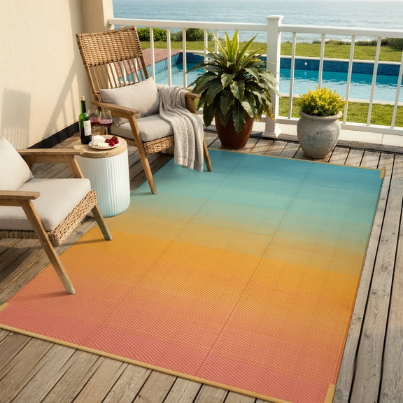 SUNDEREY Outdoor Rug 5'x8', Waterproof Reversible Plastic Straw Mat for Patio, RV & Camping - Non-Slip UV Resistant Carpet for Beach, Poolside & Deck, Orange & Blue