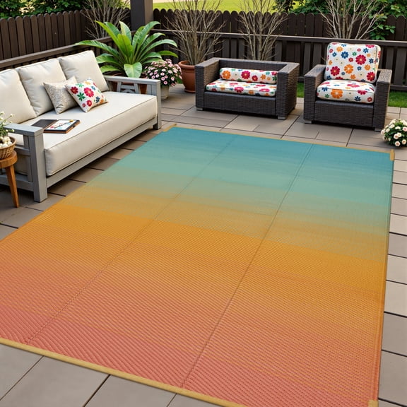 SUNDEREY Outdoor Rug 5'x8', Waterproof Reversible Plastic Straw Mat for Patio, RV & Camping - Non-Slip UV Resistant Carpet for Beach, Poolside & Deck, Orange & Blue