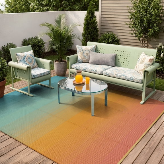 SUNDEREY Outdoor Rug 6'x9', Waterproof Reversible Plastic Straw Mat for Patio, RV & Camping - Non-Slip Foldable Carpet for Beach, Balcony & Backyard, Orange & Blue