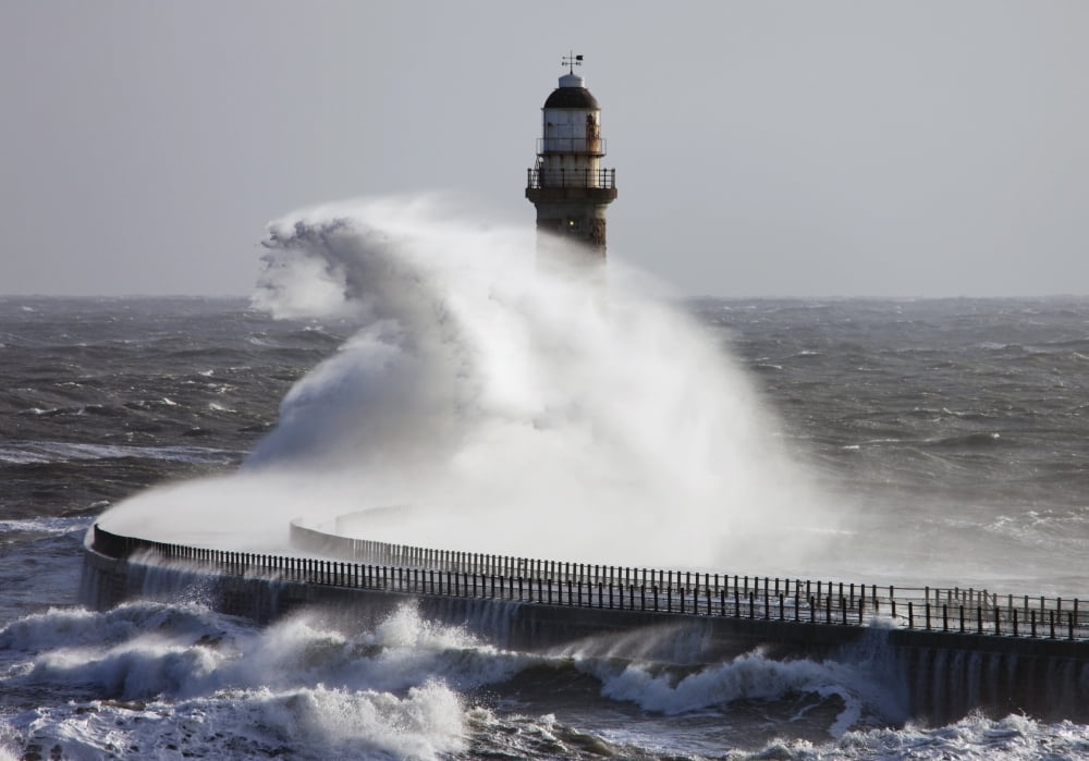 Sunderland Tyne And Wear England Waves Crashing Into A Pier And Lighthouse Canvas Art - John Short Design Pics (36 x 24)