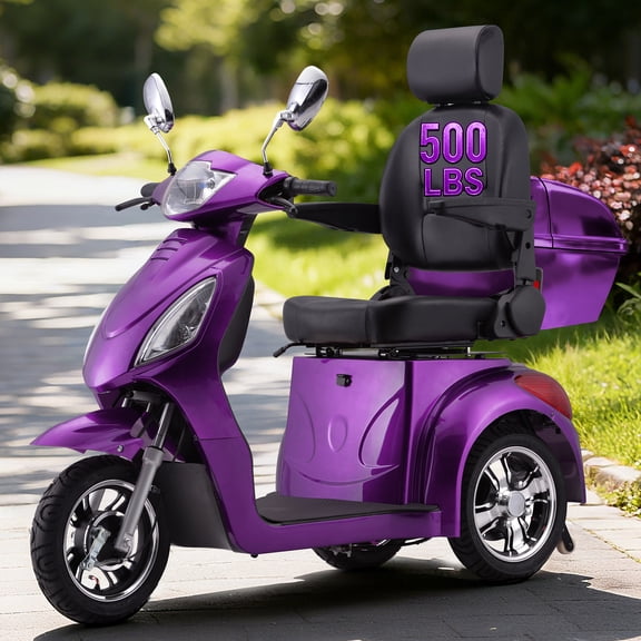 Sunderwell Electric Heavy Duty Mobility Scooters, Large 3-Wheels Wheelchair Device, 500 LBS Capacity for Seniors & Adults, Speed Adjust, Remote Key, Ship Fully Assembled and Ready to Ride (Purple)