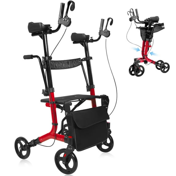 Sunderwell Foldable Rollator Walker with Seat,330 lbs Capacity Walkers for Seniors with Seat,19 lbs Lightweight Rolling Walker,walker for adults,Adjustable Handles,10" All-Terrain Wheels(Red)