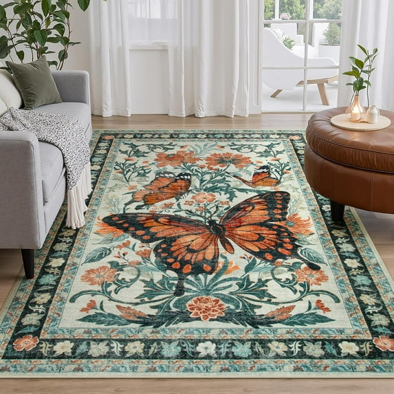 SUNDEREY Butterfly Bedroom Area Rug, 5x7 Kids Rugs for Playroom Washable Living Room Area Rug, Soft Boho Floral Area Rugs Low Pile Non Slip Carpet Rug for Dining Entryway Classroom, Beige/Green