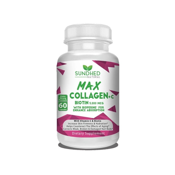 Sundhed Natural Max Collagen Plus C (60 caps) - All Natural Collagen Capsules with Biotin & Bioperine to Boost Anti Aging Hydration & Skin Firmness - Collagen Pills to Strengthen Bones & Nails