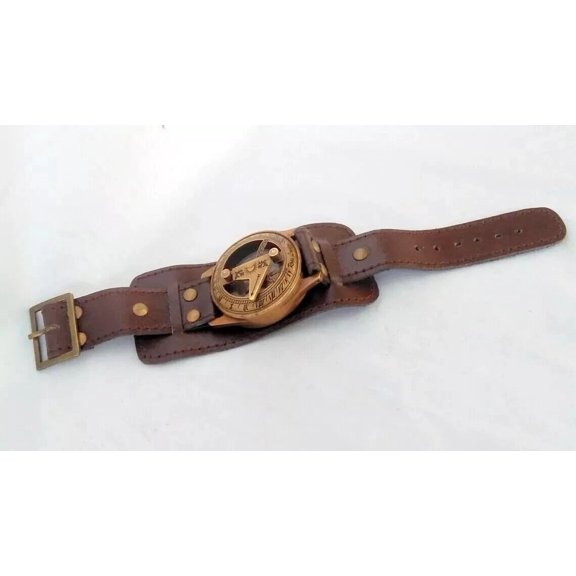 Sundial Wrist Brass Compass & Leather Straps Nautical Steampunk Handmade