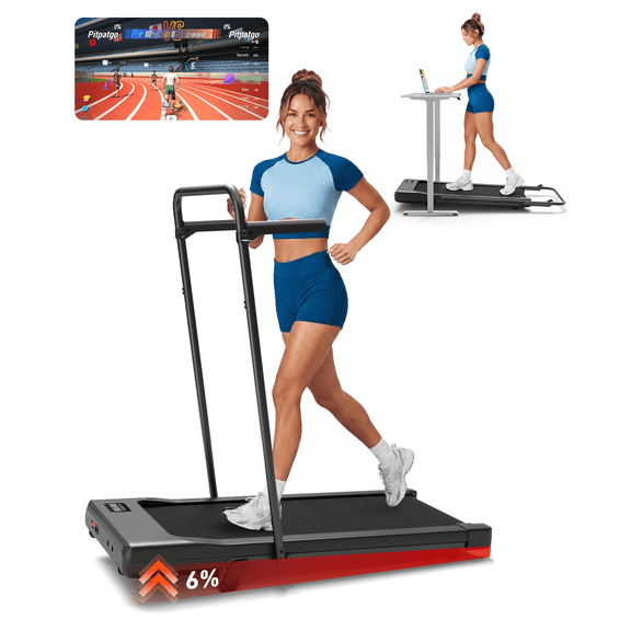 Sundorei treadmill with Handrail for Home Office, 6% Incline 300LBS Capacity Under Desk Treadmill, Quiet Portable Mini Treadmill with App & Remote Control, No Assembly, Slim Design for Small Spaces