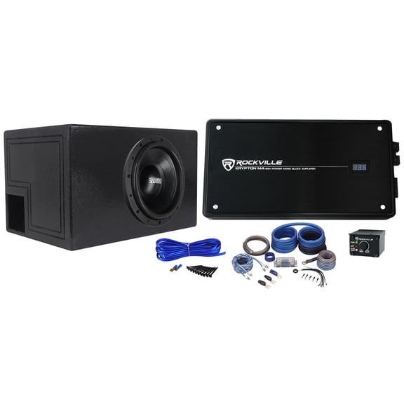 Sundown Audio SA-12 V.3 D2 Bundle: 12 in 1500W RMS DVC 2 Ohm Car Subwoofer, Krypton M4 Mono Amp, RQB12 Vented Box, RWK0CU Wiring Kit, Enclosure Installation Kit, 5-items