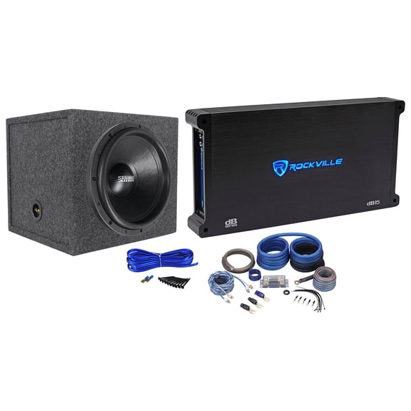 Sundown Audio SA-15 V.2 D4 Bundle: 15 in 1250W RMS DVC 4 Ohm Car Subwoofer, dB15 Mono Amp, RGS15 Sealed Box, RWK0CU Wiring Kit, Enclosure Install Kit, 5-items