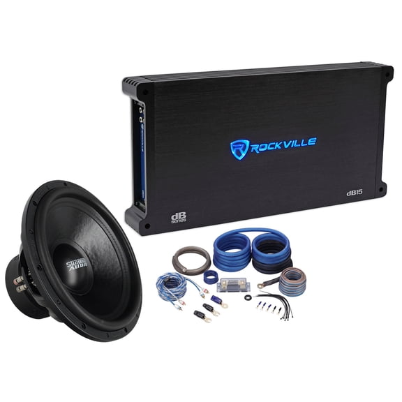 Sundown Audio SA-15 V.3 D4 Bundle: 15 in 1500W RMS DVC 4 Ohm Car Audio Subwoofer, dB15 Mono Amp, RWK0CU Wiring Kit, 3-items