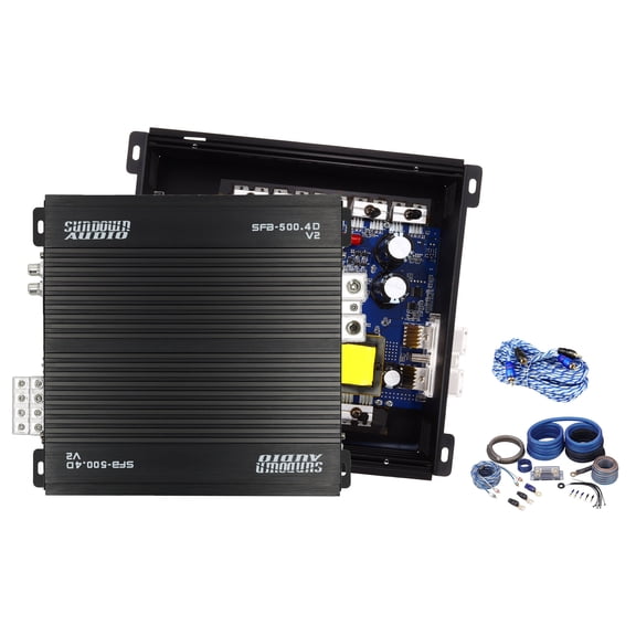 Sundown Audio SFB-500.4 V2 Bundle: 4 Channel 2000w RMS Full Range Amplifier, Rockville RWK0CU 0 AWG OFC Copper Wiring Kit, RTR172 RCA Cable 2 Channel, 3-items