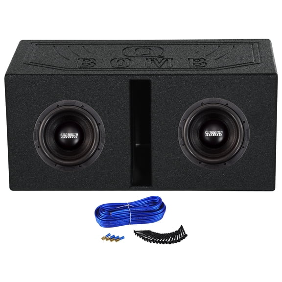 Sundown Audio X-8 V.4 D2 Bundle: (2) 8 in 1250W RMS DVC 2 Ohm Subwoofers, RQB8 Vented Enclosure, Install Kit, 4-items