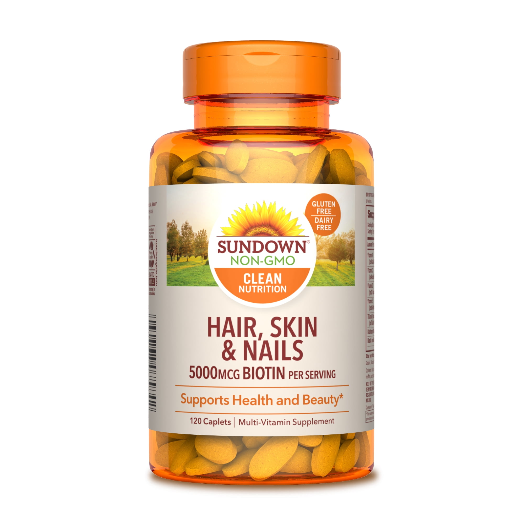 SUNDOWN NATURALS Sundown Hair, Skin And Nails, Biotin 5000 mcg, 17 Essential Nutrients to Support Health And Beauty, 120 Caplets