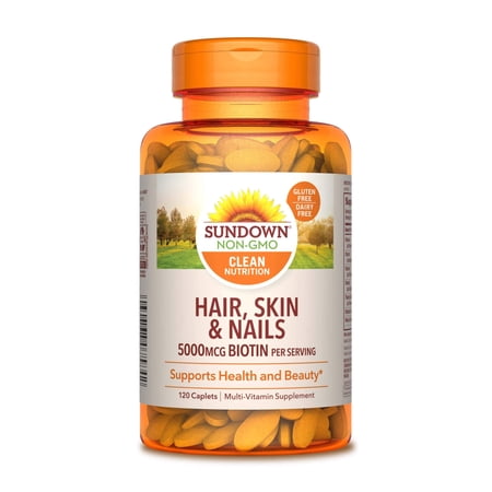 Hair, Skin & Nails Vitamins by Sundown, with Collagen, Non-GMOˆ, Free of Gluten, Dairy, Artificial Flavors, 5000 mcg of Biotin, 120 Caplets