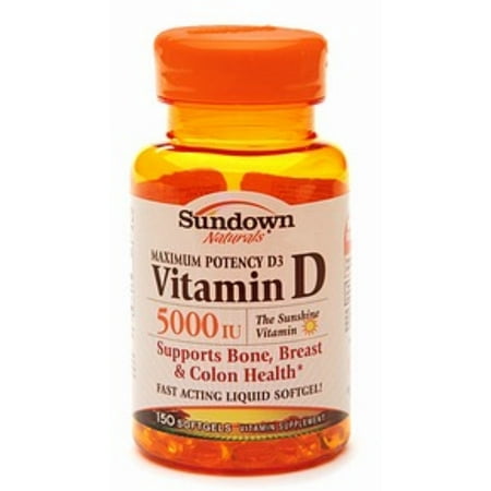 Sundown Naturals Vitamin D3 5000 IU Softgels Maximum Potency 150 Soft Gels (Pack of 3)