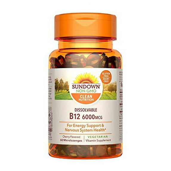 Sundown Vitamin B-12 Sublingual, Vegetarian, Vegan, Non-GMOˆ, Free of Gluten, Dairy, Artificial Flavors, 60 Microlozenges Cherry Flavor, 6000 mcg, Tablet, 60.0 Count (65331)