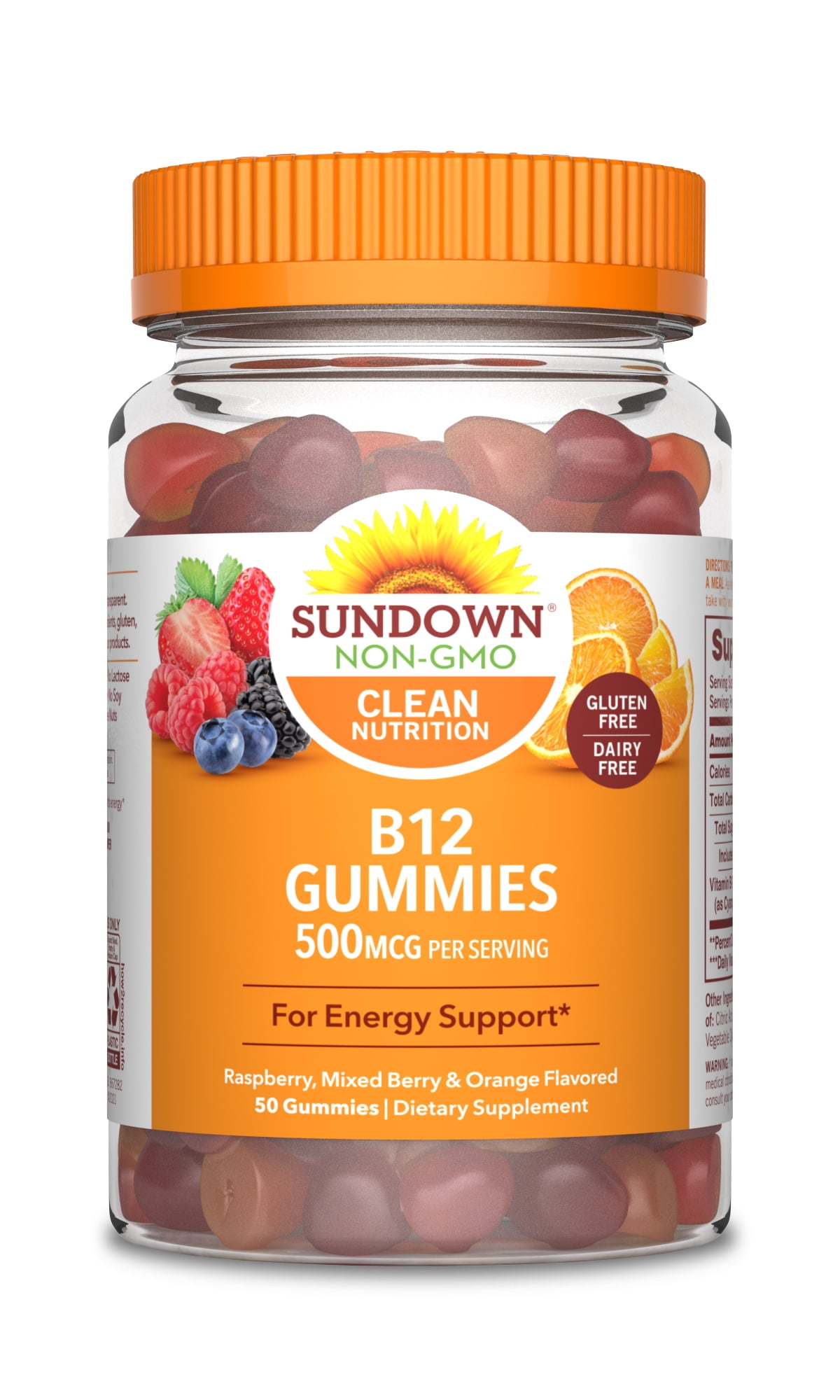 Sundown Vitamin B12 Gummies, Supports Energy Metabolism, Raspberry, Mixed Berry and Orange Flavors, 50 Count