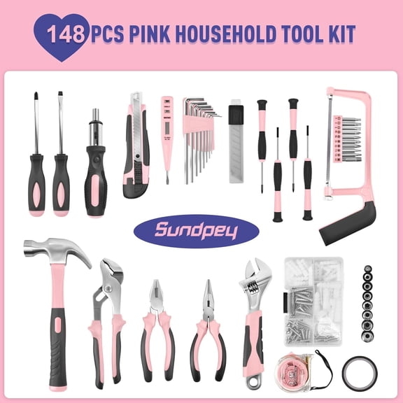 Sundpey Home Tool Kit 148-Pcs - Household Starter Basic Hand Repair Portable Tool Set with Case & Ratcheting Screwdriver & Hex Key & Pliers & Wrench & Voltage Tester & Water Pump Plier for Women
