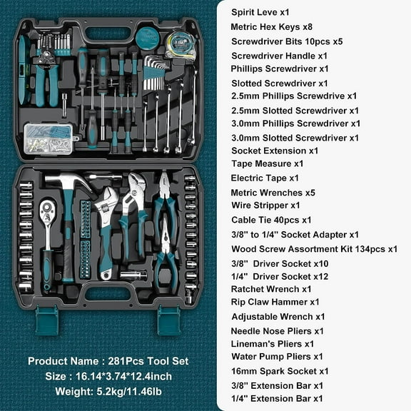 Home Tool Kit 281-PCs - Portable Complete Basic Repair Hand Tool Sets for Men Women