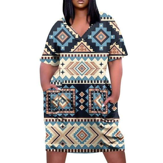 Sundress, 4Th Of July Plus Size V Neck Casual Dress With Pockets Short Sleeve Sundress Wedding Guest Party Floral Dresses For Curvy Women Petite Cocktail Maxi Dresses (XXL, Royal Blue) ZMTing