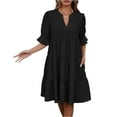 thumbnail image 1 of Sundress, Casual V Neck Short Sleeves Boho Dress With Ruffle Hem Beach Vacation Wedding Guest Short Dress Navy Blue Royal Dresses For Women Mother Of Groom Dresses (L, Black) ZMTing, 1 of 5