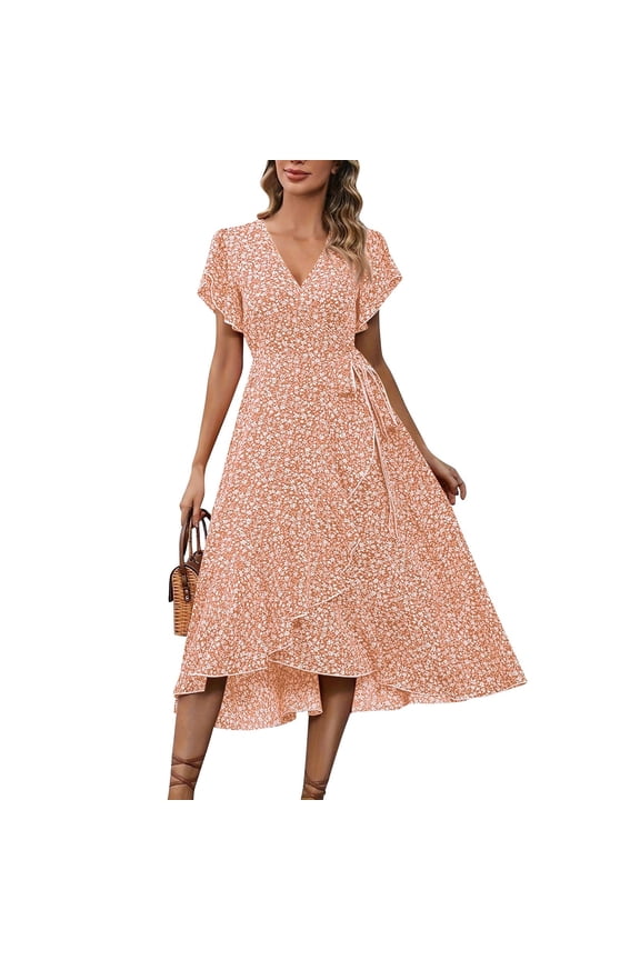 Sundress, Floral Wedding Guest Chiffon V Neck Short Sleeve Ruffle Tie Tunic Flowy Maxi Vacation Dress Midi Summer White Jumpsuit Women Dressy Long For Dresses (L, Saffron) ZMTing