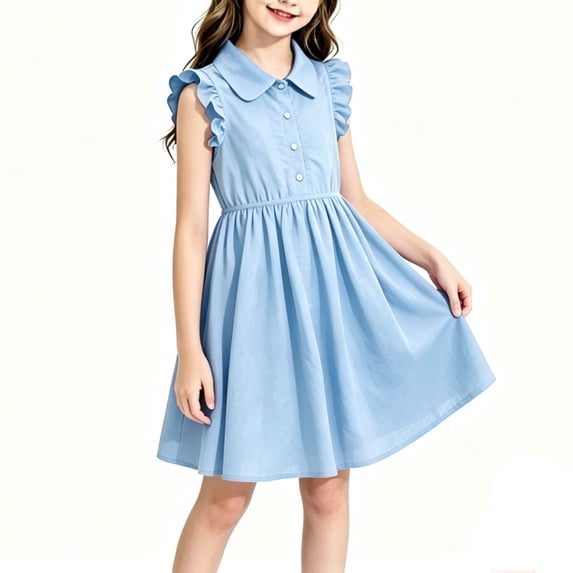 Sundress For Girls Summer Ruffle Sleeveless Button Front A Line Dress Casual Vacation Party Outfit For School Events Beach Trips And Daily Wear Vacation Friendly Light Blue 11-12 Years