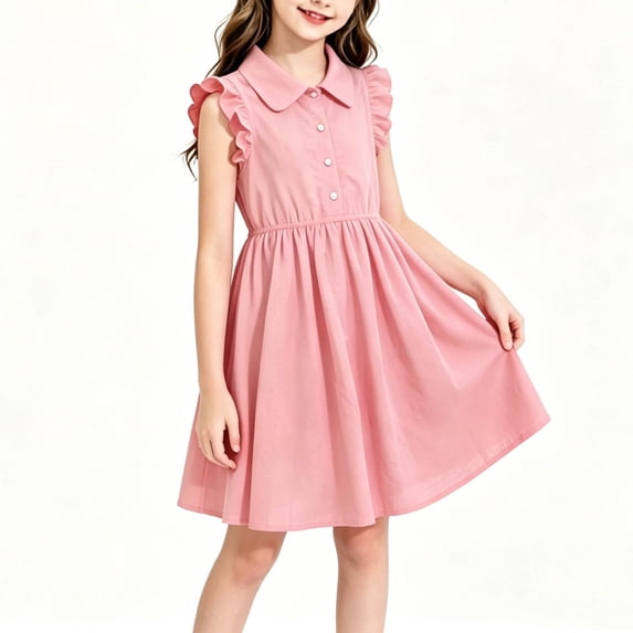 Sundress For Girls Summer Ruffle Sleeveless Button Front A Line Dress Casual Vacation Party Outfit For School Events Beach Trips And Daily Wear Vacation Friendly Pink 14-15 Years