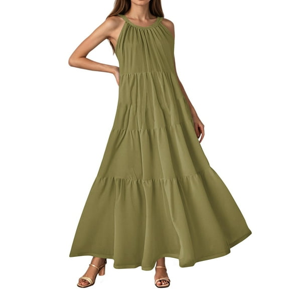 Sundress, Halter V Neck Sleeveless Loose Maxi Dress Casual Elegant Beach Wedding Guest Graduation Cocktail Dress Hawaiian For Women Red Dress Linen Summer Dresses Outfit (XL, Dark Green) ZMTing