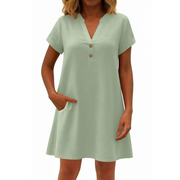 Sundress, Linen Casual V Neck Button Front Short Sleeve Loose Fit Sundress Midi Beach Party Gold Dresses Plus Size Summer Bohemian Dress For Women Semi Dresses Romper Dresses (XL, Mint Green) ZMTing