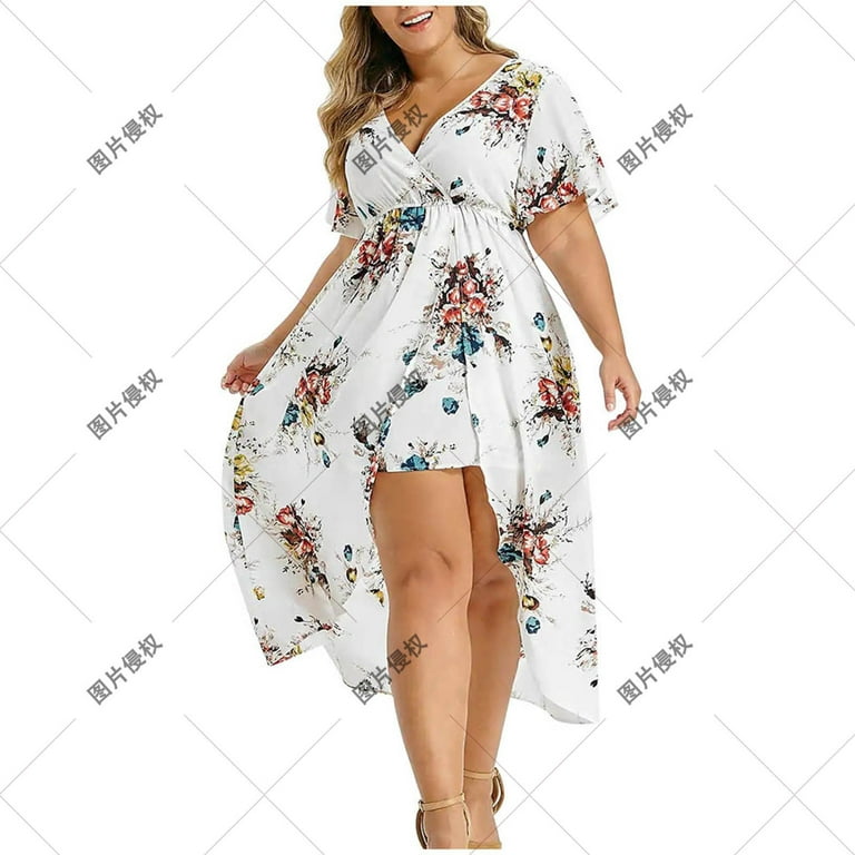 Sundress,Plus size summer dresses,Dresser,Plus Size Women's V-Neck  Short-Sleeve Printed Slit Irregular Dress White XL 