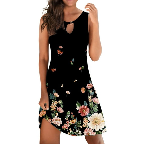 Sundress for Women Summer Loose Dress Sleeveless Floral Print V Neck Hollow Out Beach Dress Summer Tank Dress