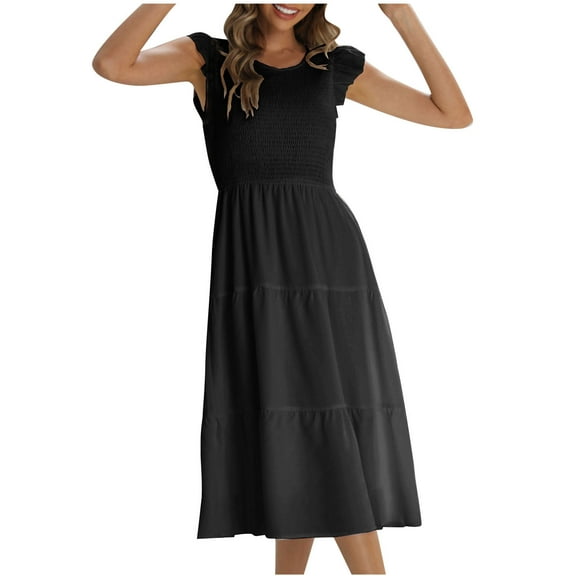 Sundresses For Women 2025 Sevevn Fashion Women's Summer Round Short SleeveNeck Solid Dress