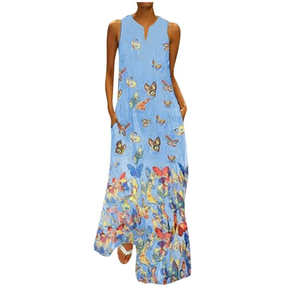 Sundresses For Women Plus Size Butterfly Print Daily Sleeveless Vintage Boho V Neck Maxi Dress Blue