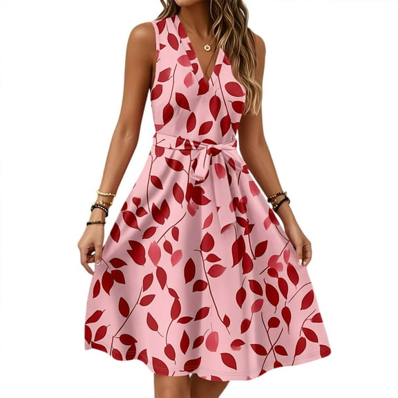 Sundresses For Women 2025, Casual V Neck Sleeveless Floral Tunic Tank Wedding Guest Dress Cocktail Beach Vacation Womens Summer Dresses Pants Work Spring Dresses Romper Dresses (S, Red) ZMTing