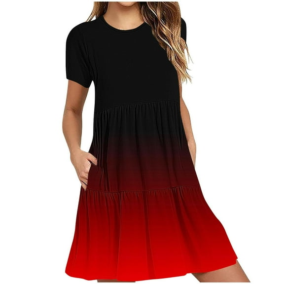 Sundresses for Women 2025 Crew Neck Short Sleeve Sun-Dress A-Line Midi Dress Ultra Soft Textured Elastic High Waist Sundress Gradient Boho Dressy Sun-Dress Beach Vacation Tshirt Sundress