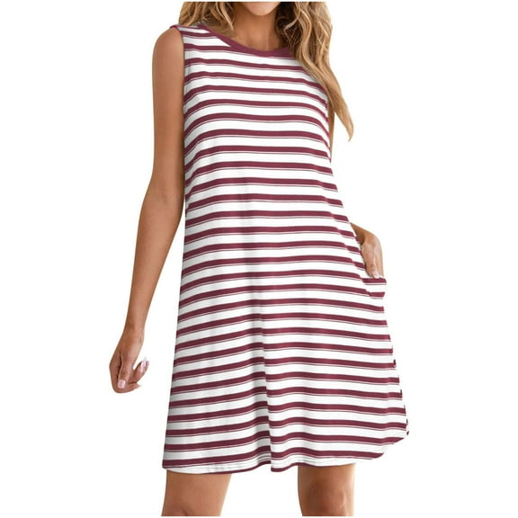 Sundresses For Women 2025 Sevevn Casual Sleeveless Round-Neck Stripe Printing Loose Breathable Knee-High Outwear Dress For Women Womens Summer Dresses