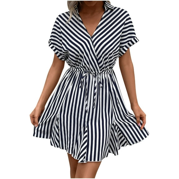 Sundresses for Women 2025 Summer V Neck Short Sleeve Dresses Front Pleated Sundress Elastic High Waist Sun-Dress Dressy Causal A-Line Dresses Going Out Beach Vacation Dress